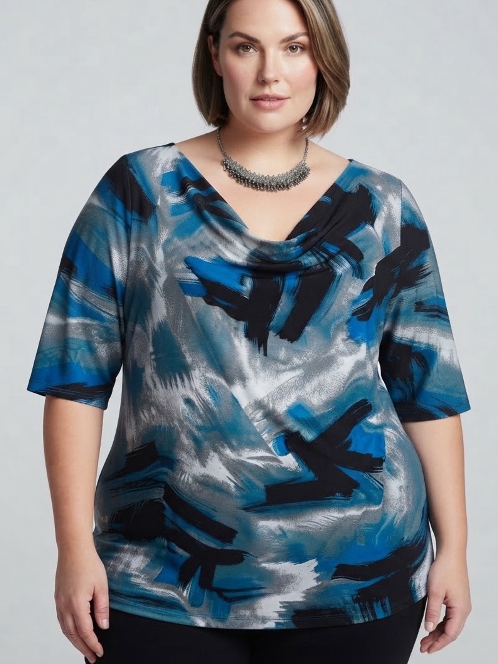 😍CLEARANCE - GEORGE Blue Black Silver Abstract Cowl-Neck Tunic Blouse 3X